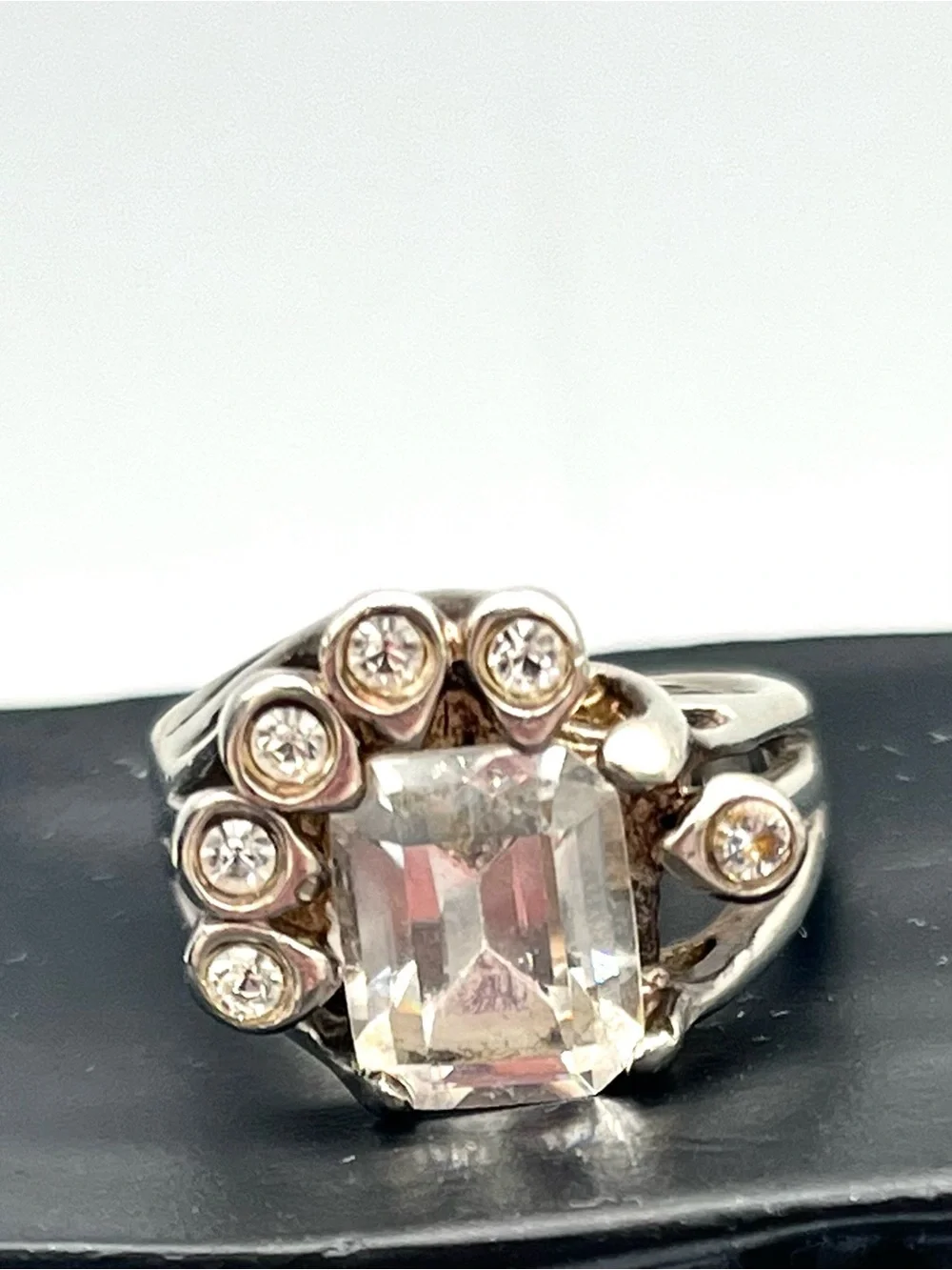 Eisenberg Vintage Sterling Silver Clear Emerald-Cut Cluster Cocktail Ring White